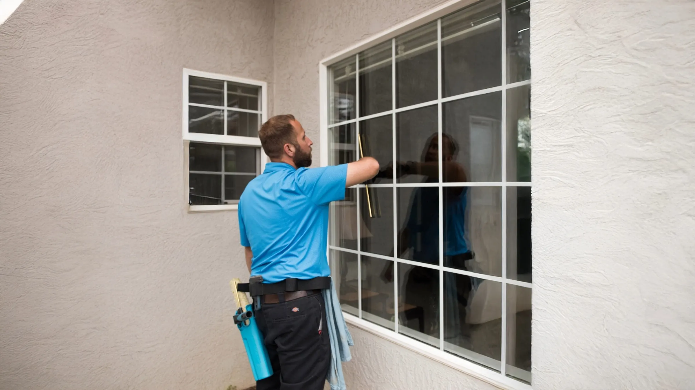Trevor cleaning a window, with his hand and squeegee against the glass.