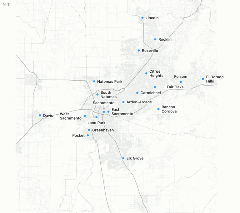 Greater Sacramento service map. Blue markers show the cities and neighborhoods listed below.